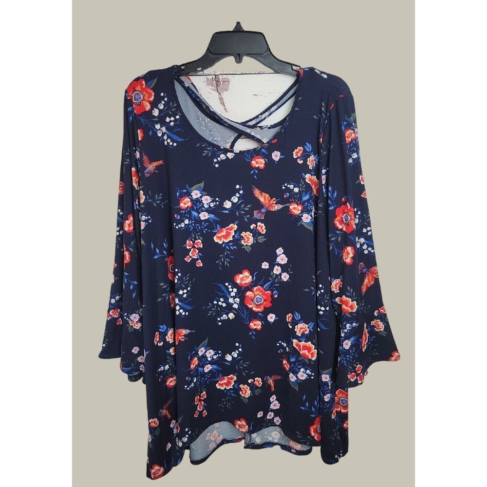 Falls Creek Tunic Top Boho Floral Bird Print Bell Sleeve Crisscross Neck Navy 2X